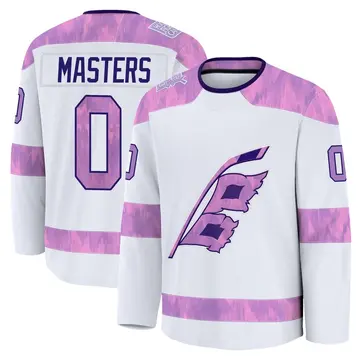 Youth Kyle Masters Carolina Hurricanes ＃0 Premium White 2024 Hockey Fights Cancer Practice Jersey